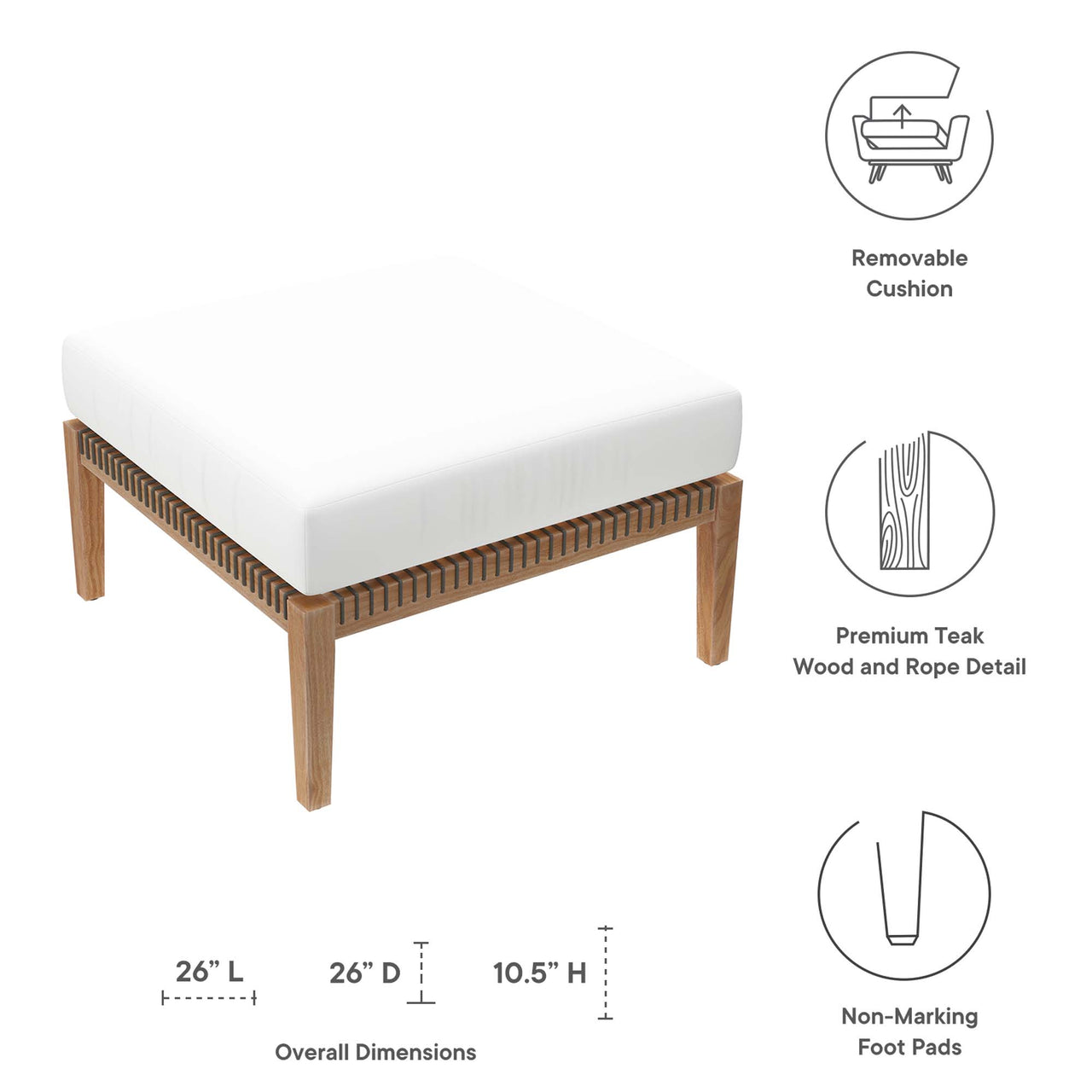 Brightmoor Alfresco Ottoman | Outdoor Modular Sectional Component, Gray & White