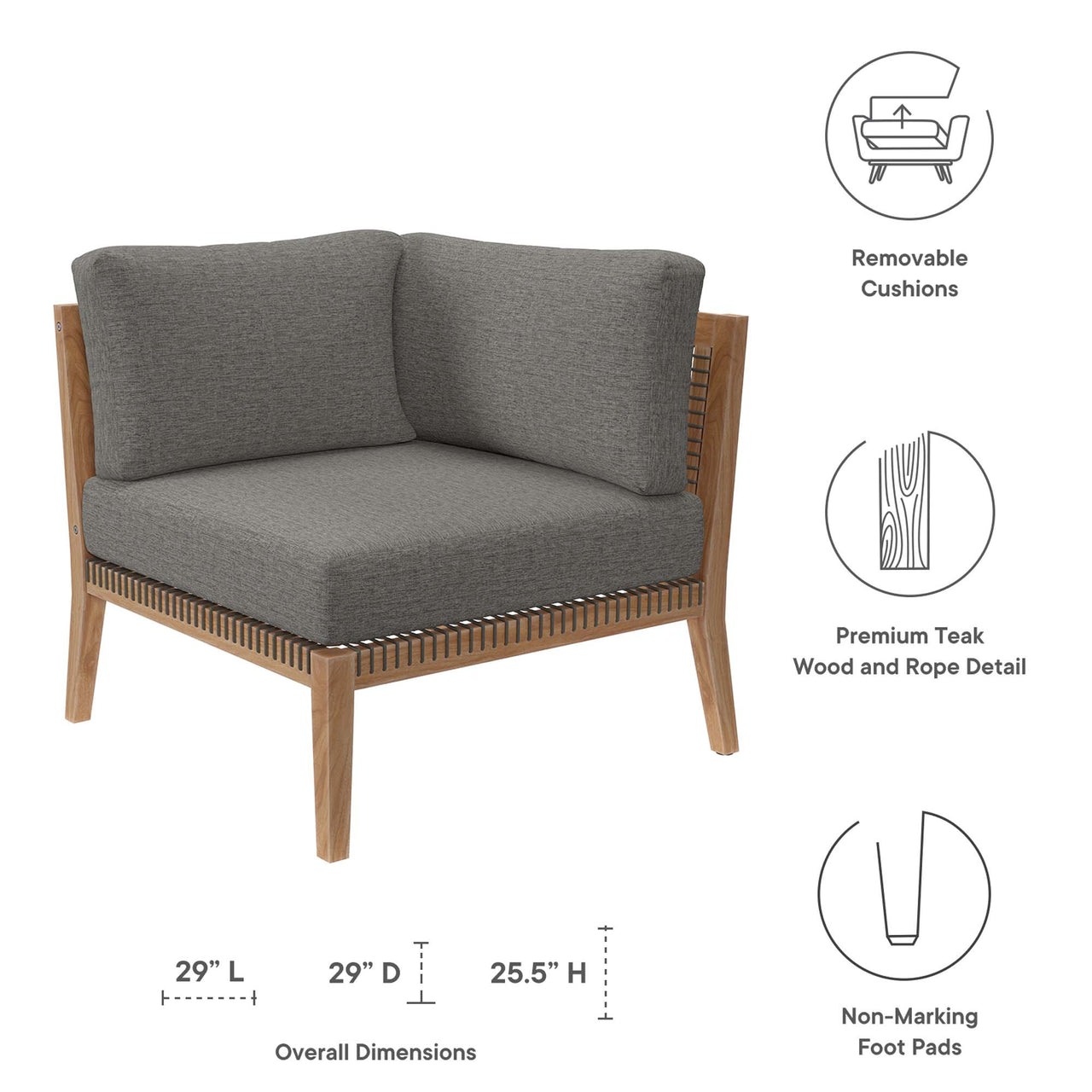 Brightmoor Alfresco Corner Chair | Outdoor Modular Sectional Component, Gray & Natural Wood