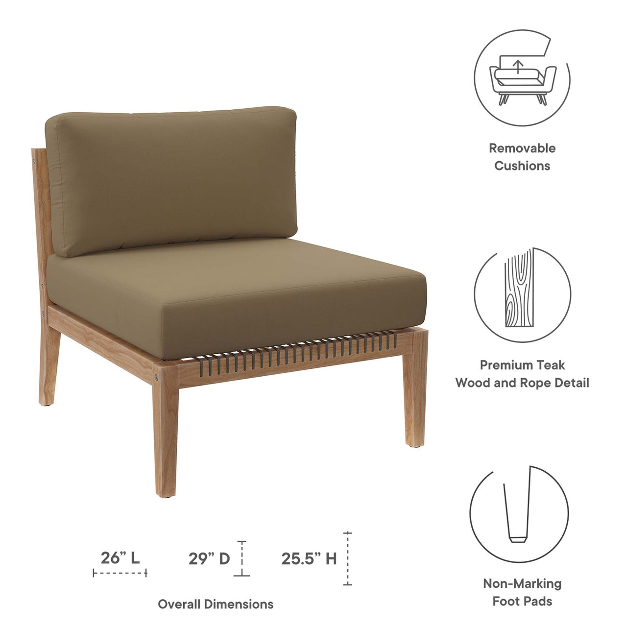 Brightmoor Alfresco Armless Chair | Outdoor Modular Sectional Component, Gray & Light Brown