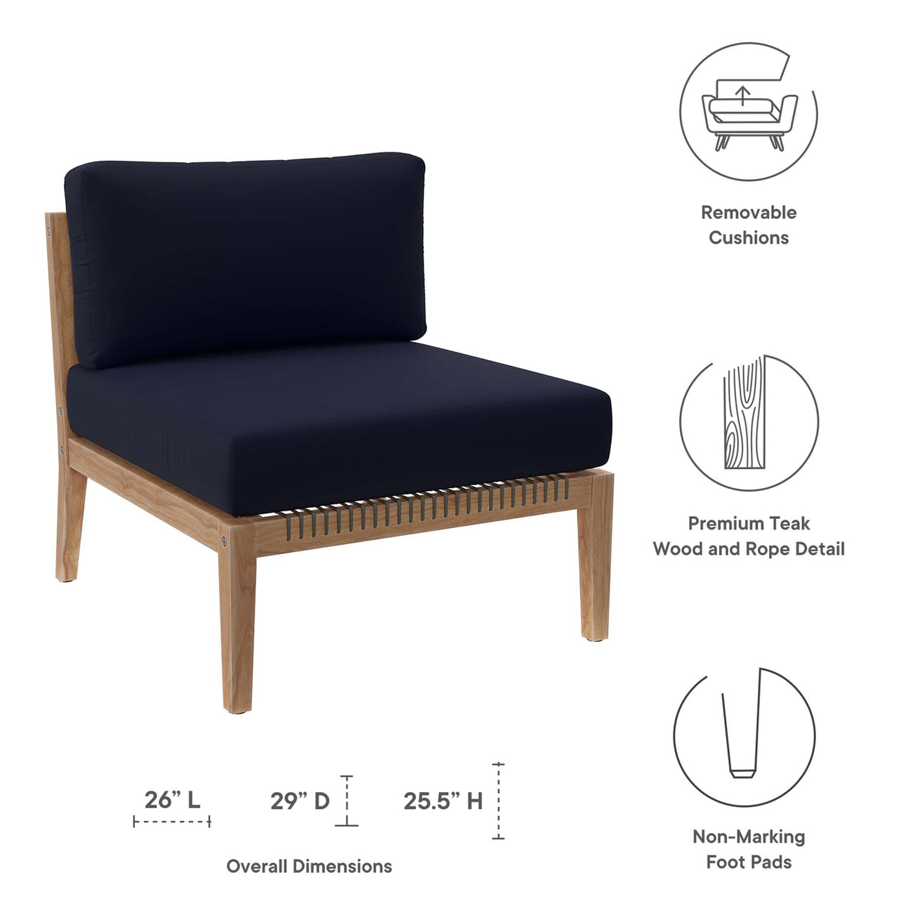 Brightmoor Alfresco Armless Chair | Outdoor Modular Sectional Component, Gray & Navy