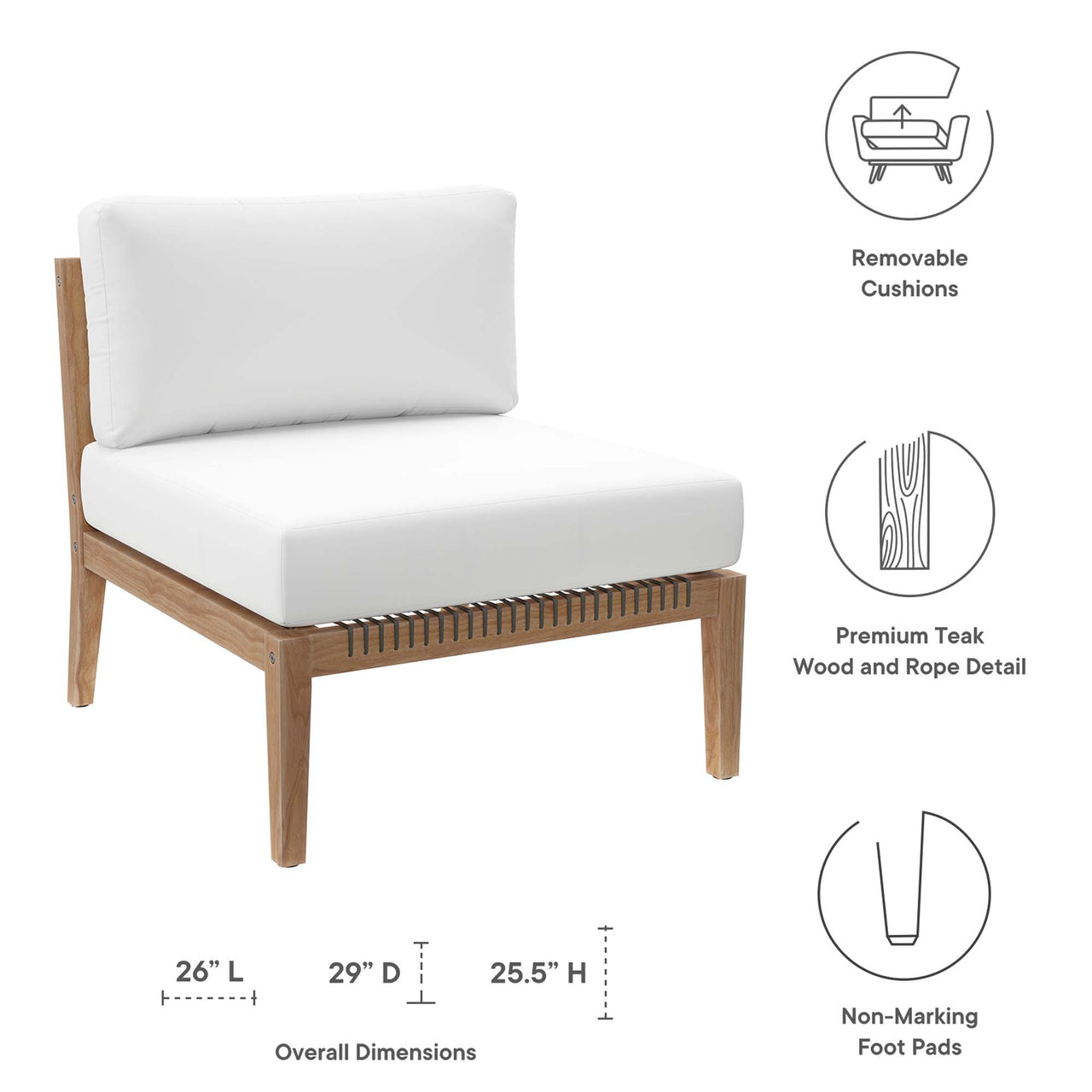 Brightmoor Alfresco Armless Chair | Outdoor Modular Sectional Component, Gray & White