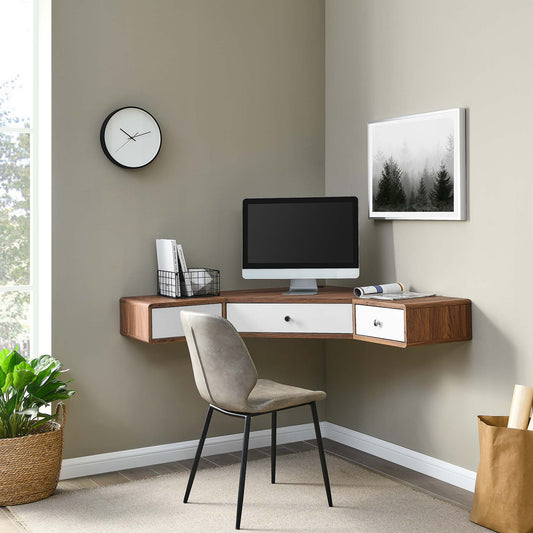 Erisen Floating Corner Desk, Small, Walnut & White