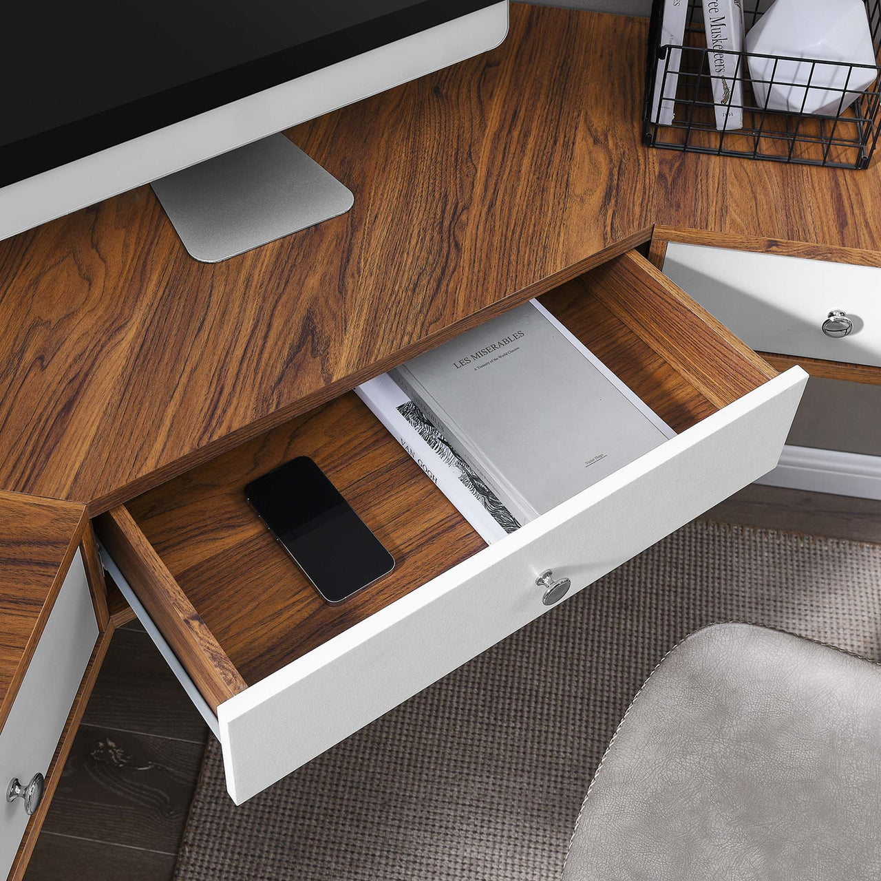 Erisen Floating Corner Desk, Small, Walnut & White