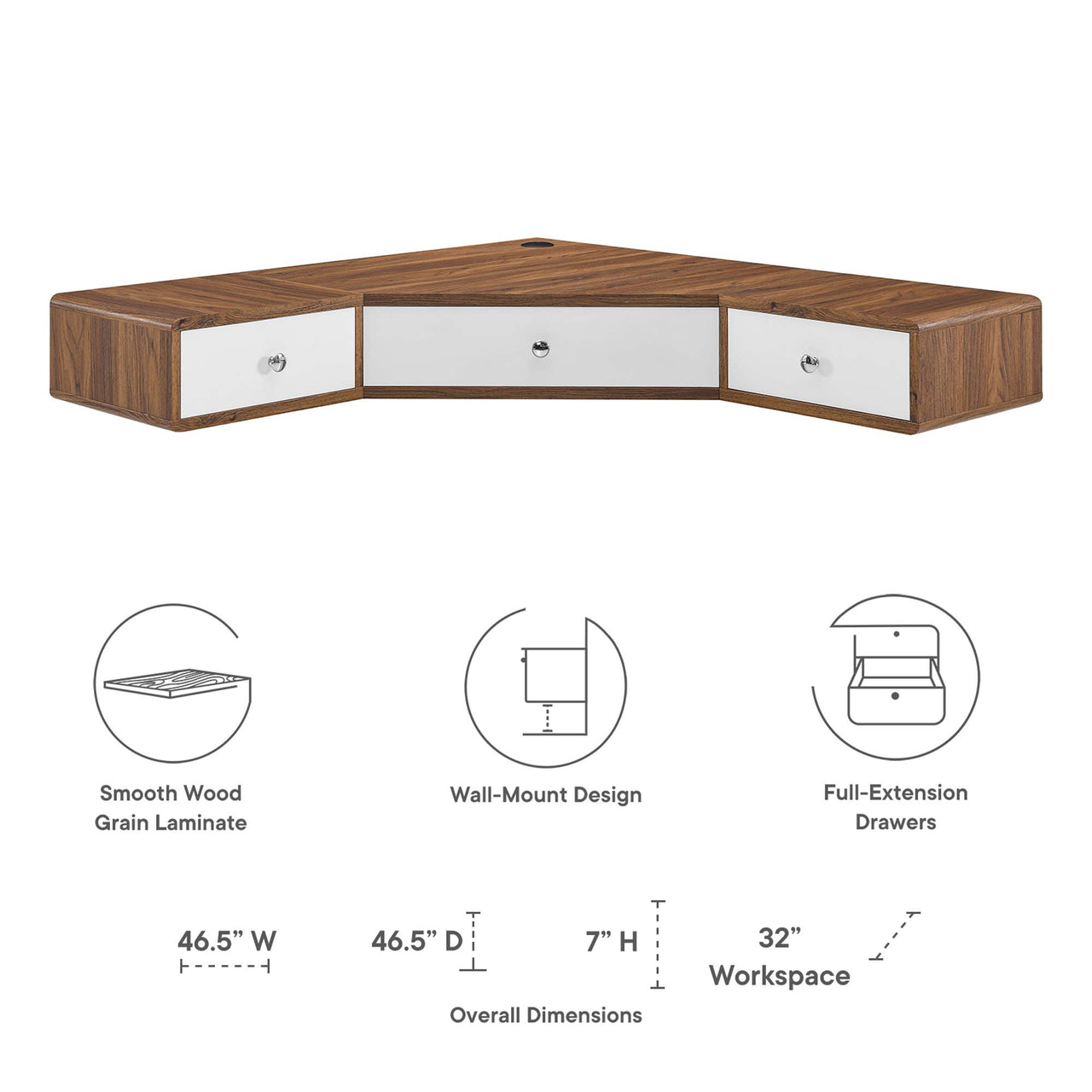 Erisen Floating Corner Desk, Small, Walnut & White