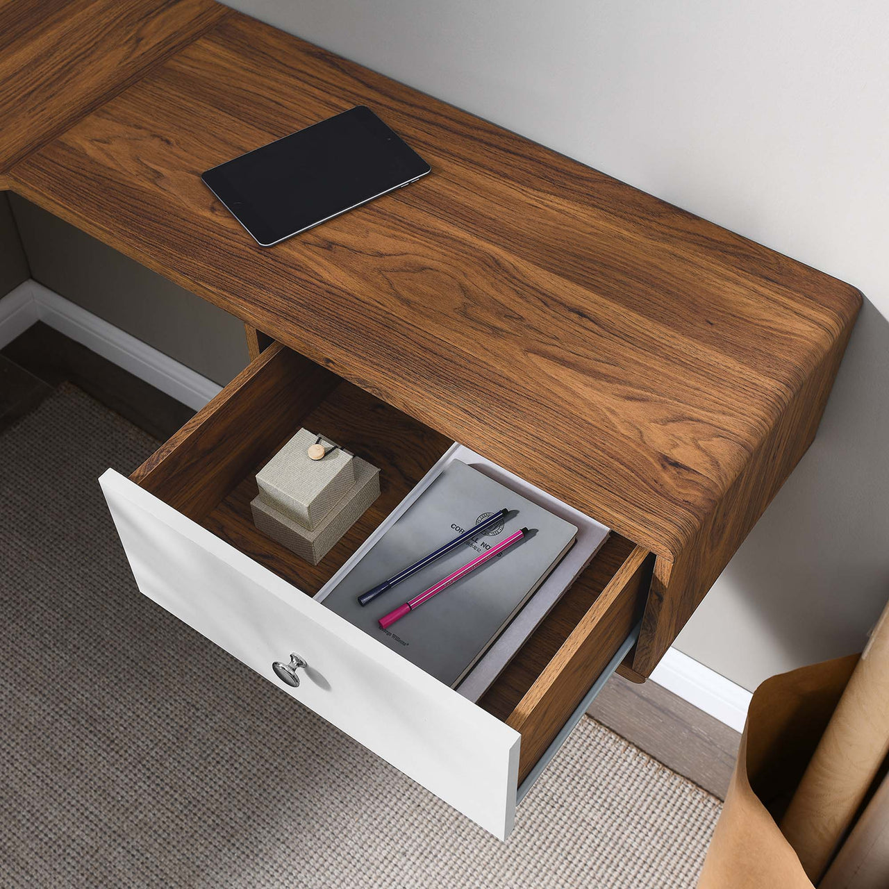 Erisen Floating Corner Desk, Large, Walnut & White