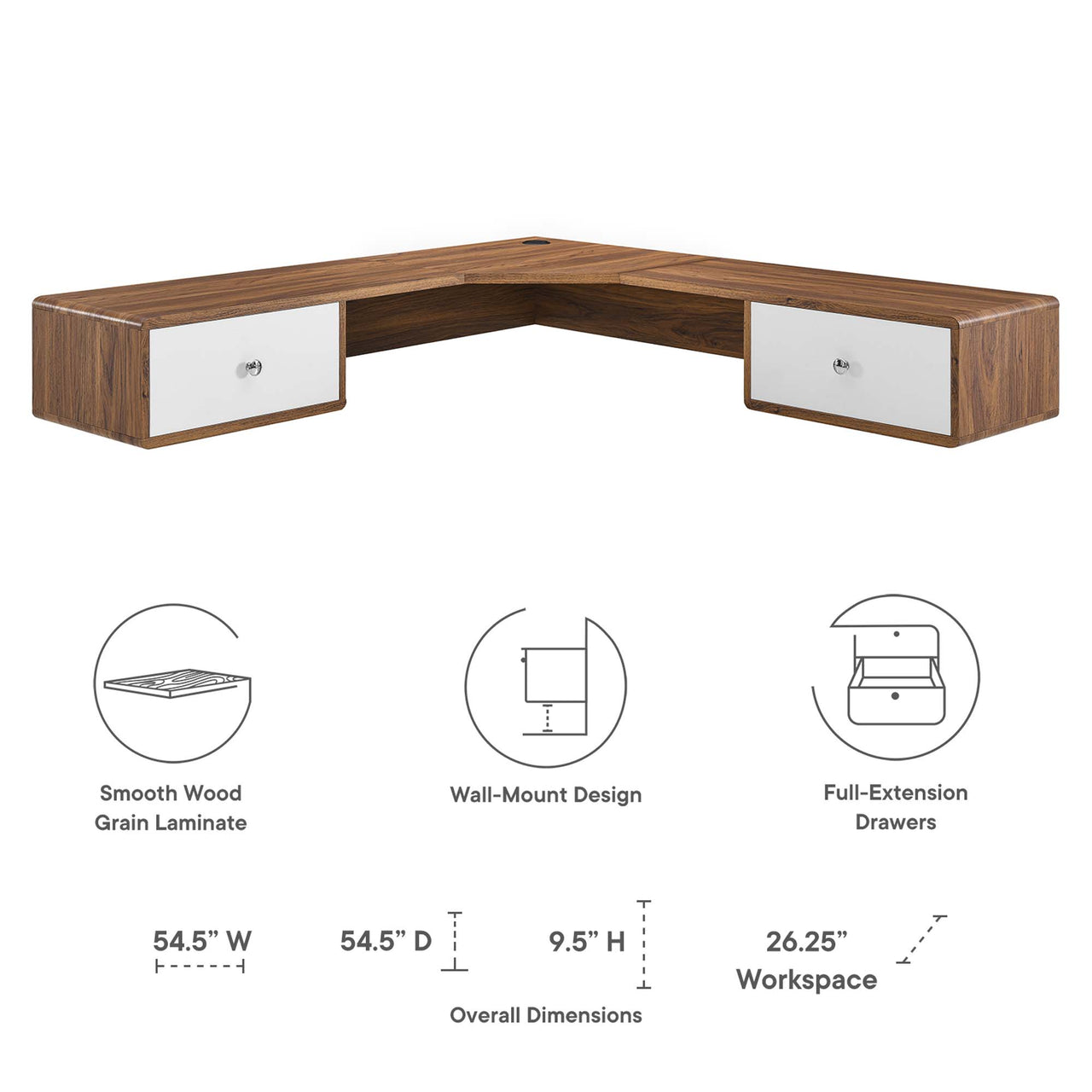 Erisen Floating Corner Desk, Large, Walnut & White