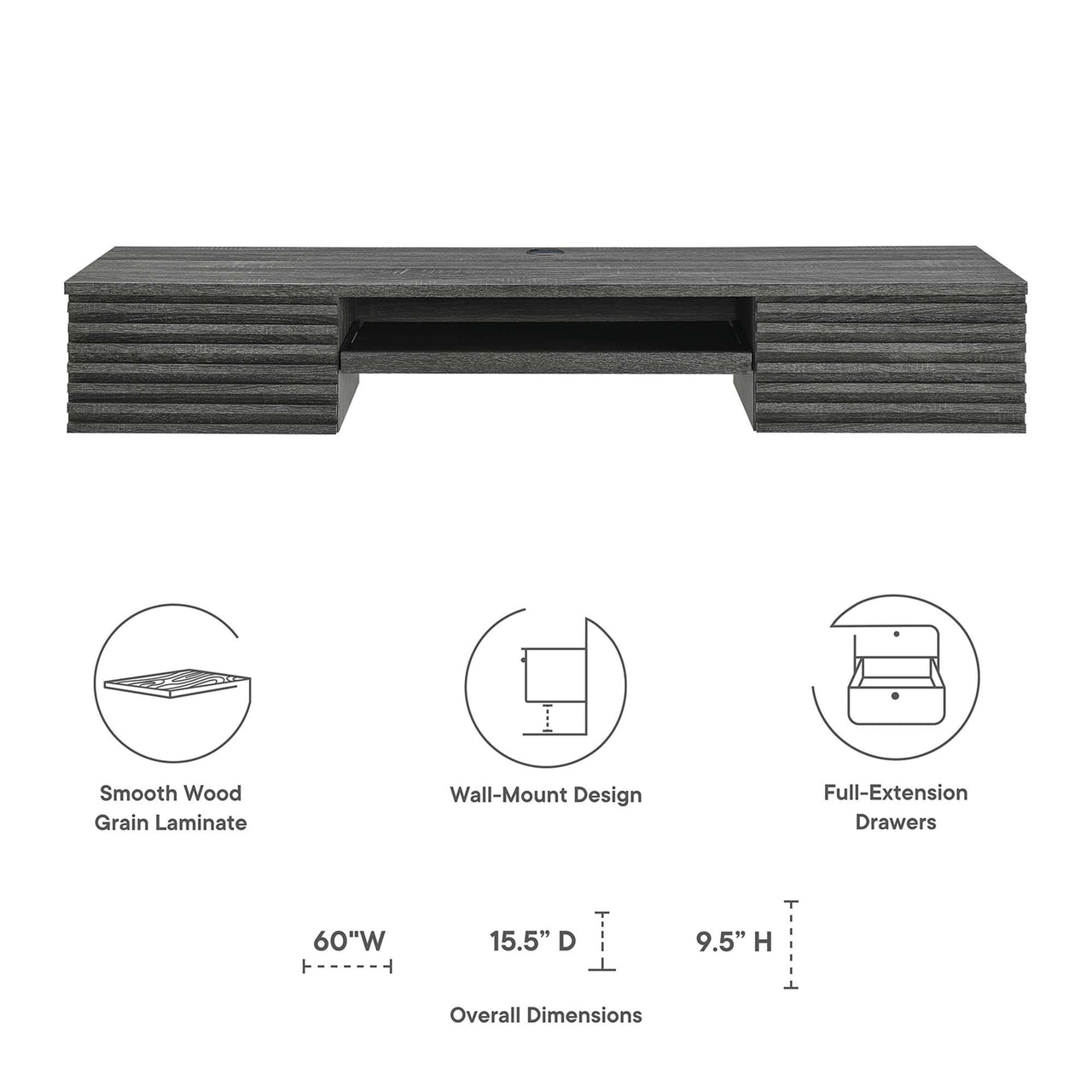 Ventra Wall Mount Wood Office Desk, Charcoal