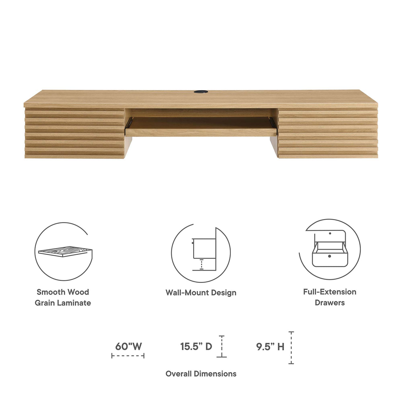 Ventra Wall Mount Wood Office Desk, Oak