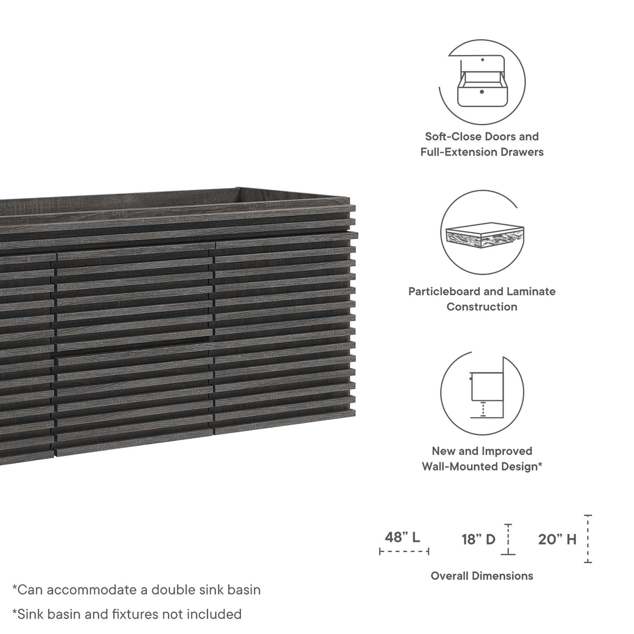 Ventra Vanity Base with Storage (Double Sink Compatible), Extra Large, Charcoal