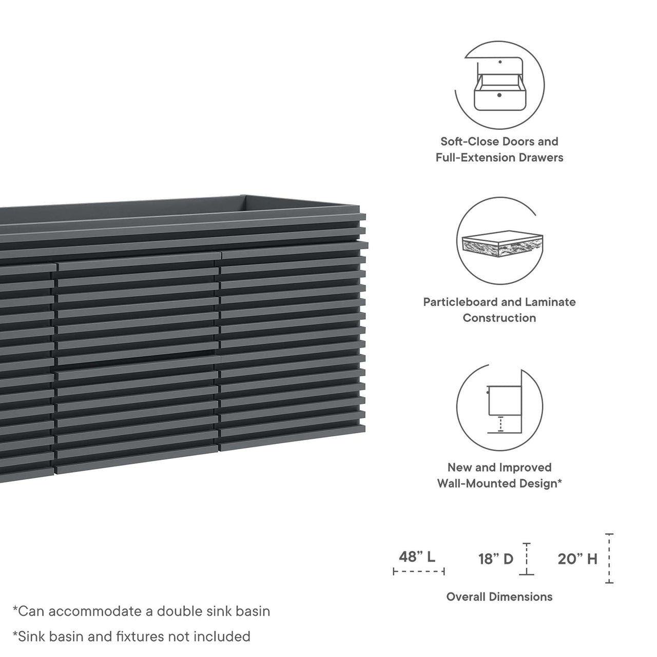 Ventra Vanity Base with Storage (Double Sink Compatible), Extra Large, Gray