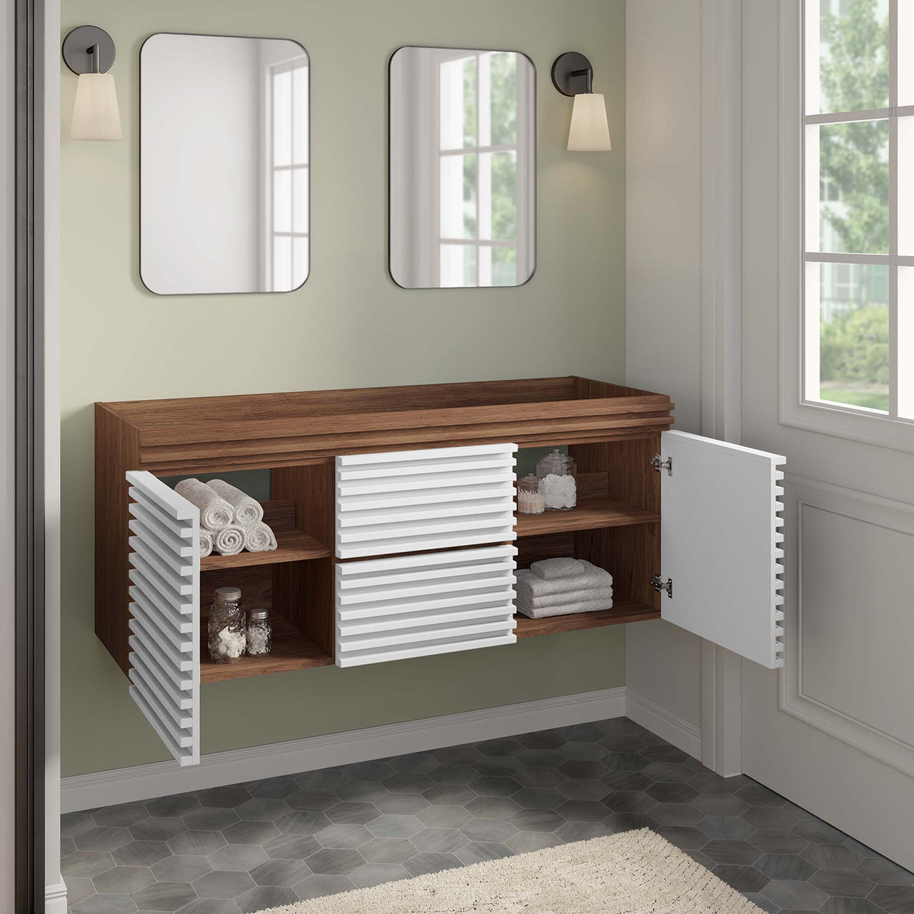 Ventra Vanity Base with Storage (Double Sink Compatible), Extra Large, White & Walnut