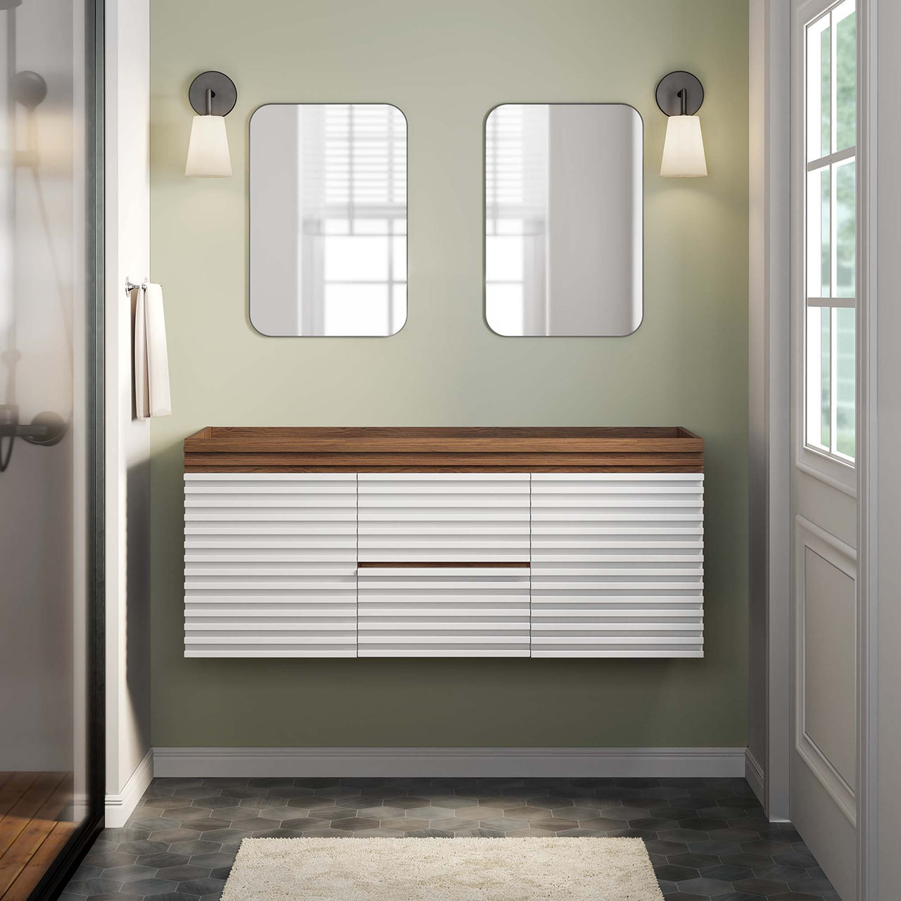 Ventra Vanity Base with Storage (Double Sink Compatible), Extra Large, White & Walnut