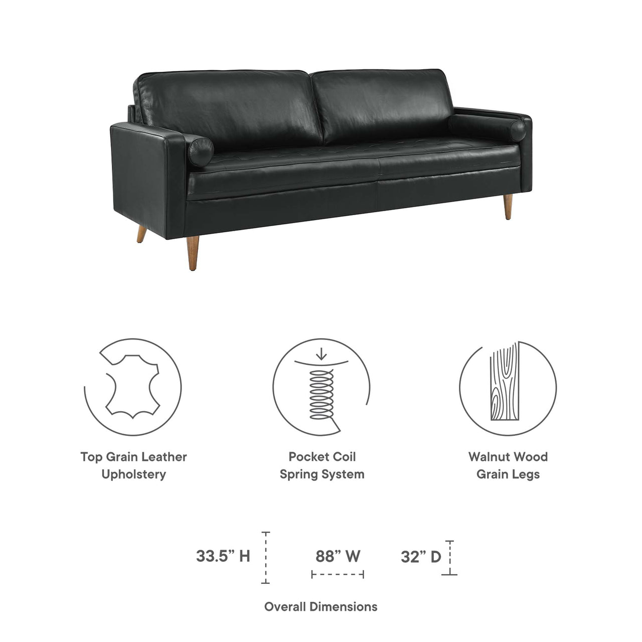 Bravien Extra Wide Leather Sofa, Black