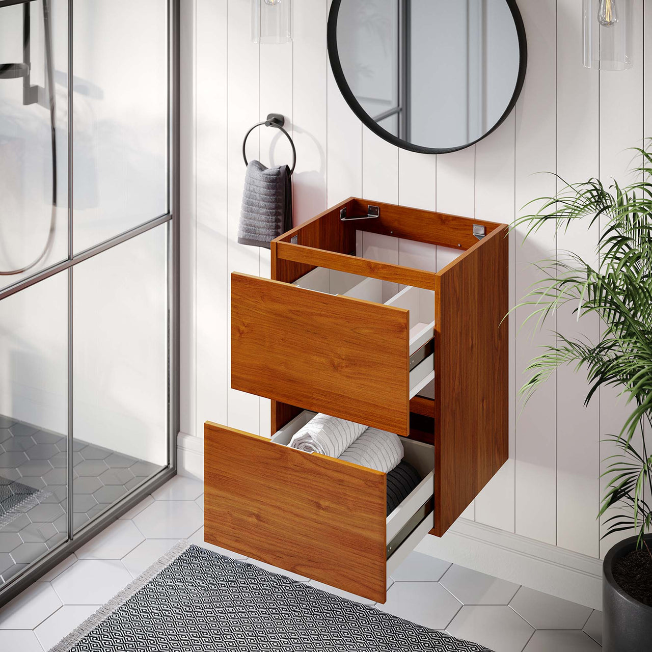 Cinnara Floating Vanity Base with Storage, Extra Small, Coral & Walnut