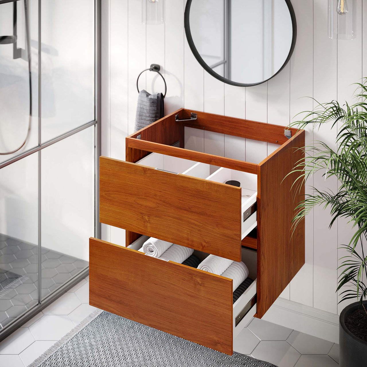Cinnara Floating Vanity Base with Storage, Small, Coral & Walnut