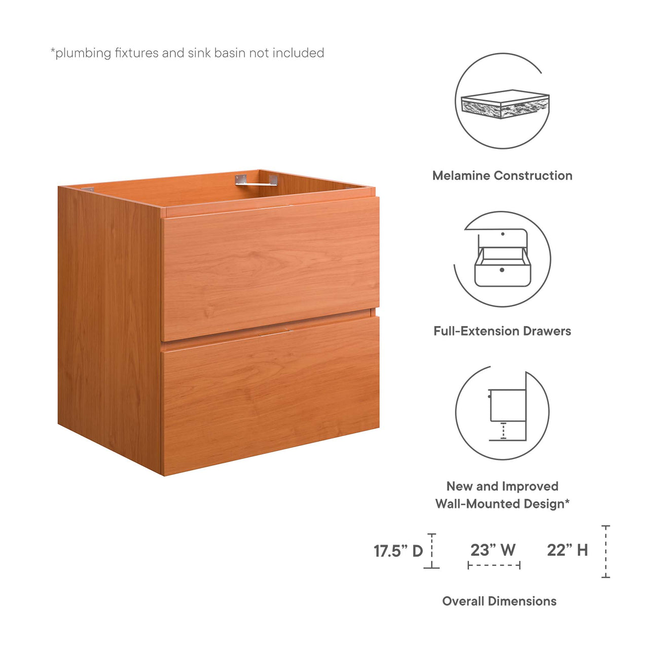 Cinnara Floating Vanity Base with Storage, Small, Coral & Walnut