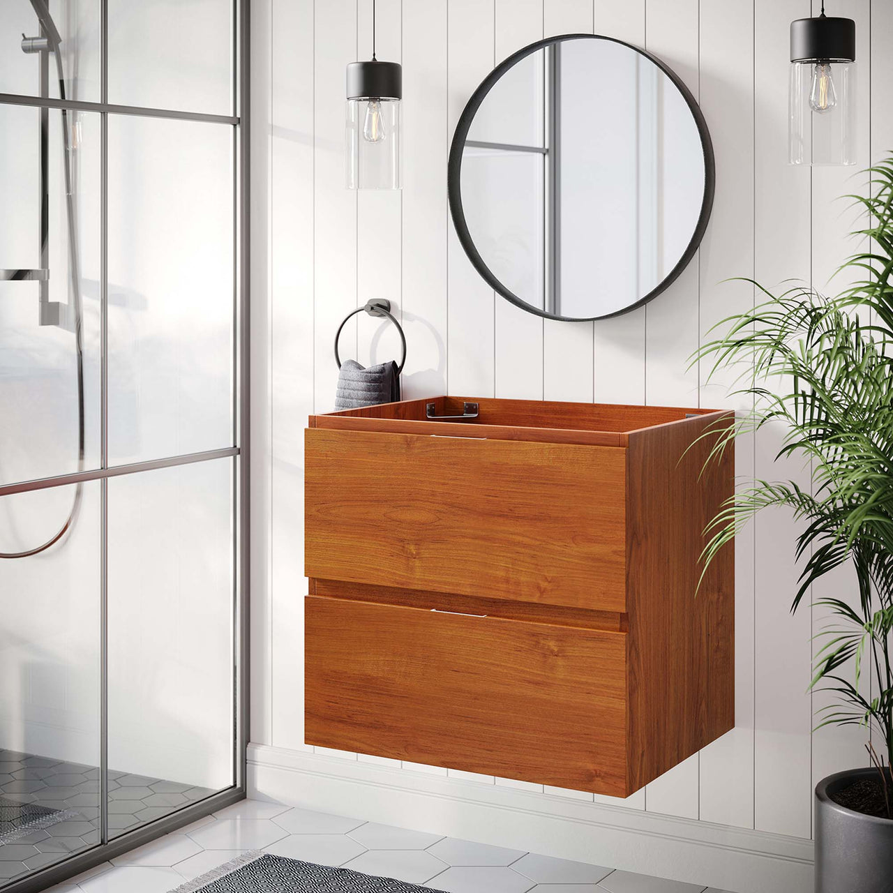 Cinnara Floating Vanity Base with Storage, Small, Coral & Walnut