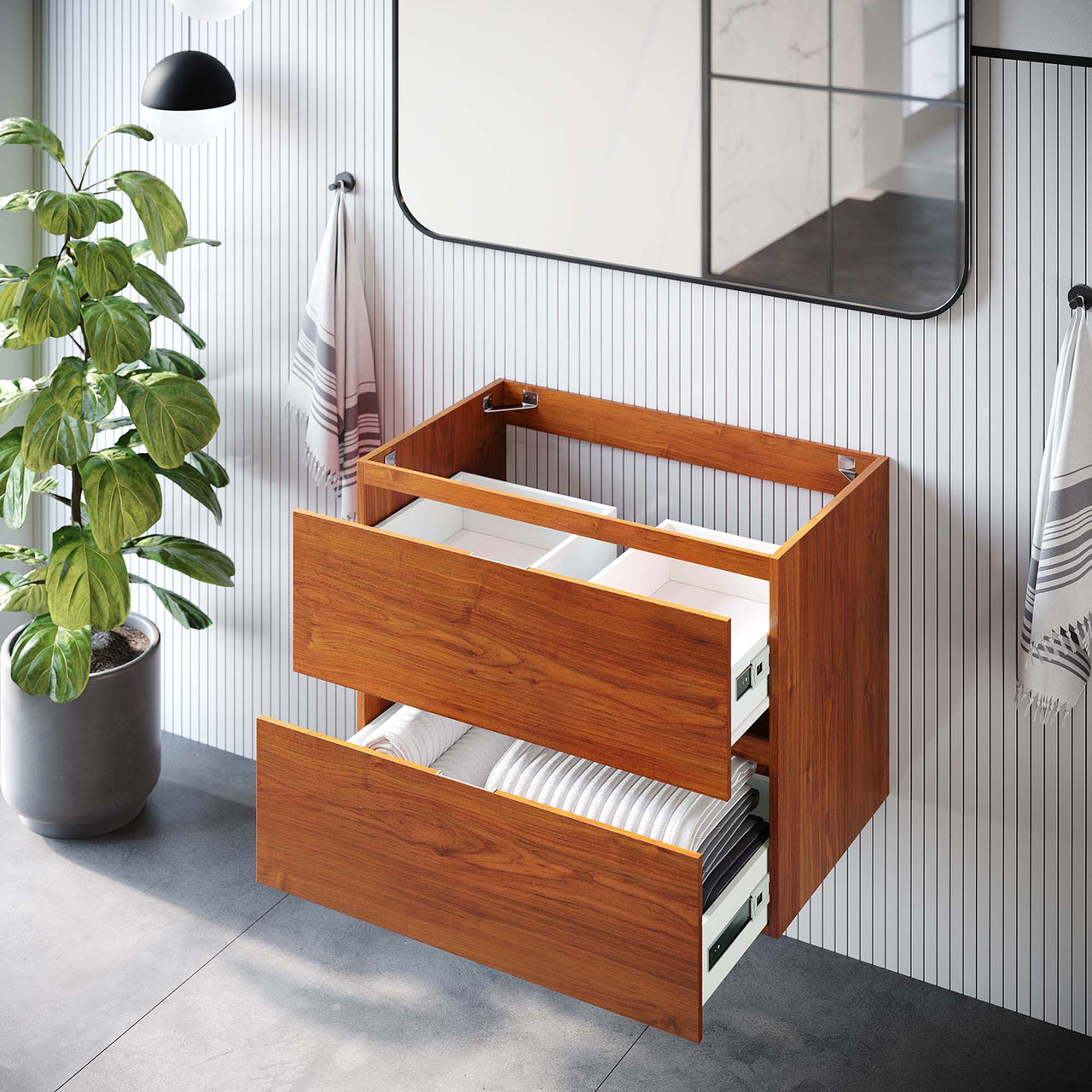Cinnara Floating Vanity Base with Storage, Medium, Coral & Walnut