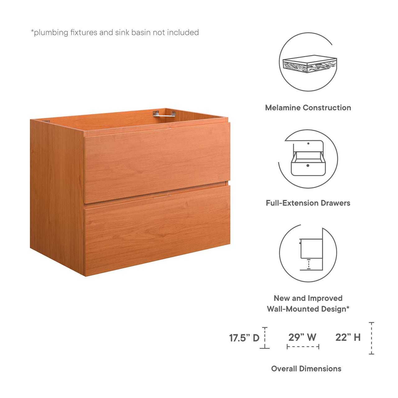 Cinnara Floating Vanity Base with Storage, Medium, Coral & Walnut