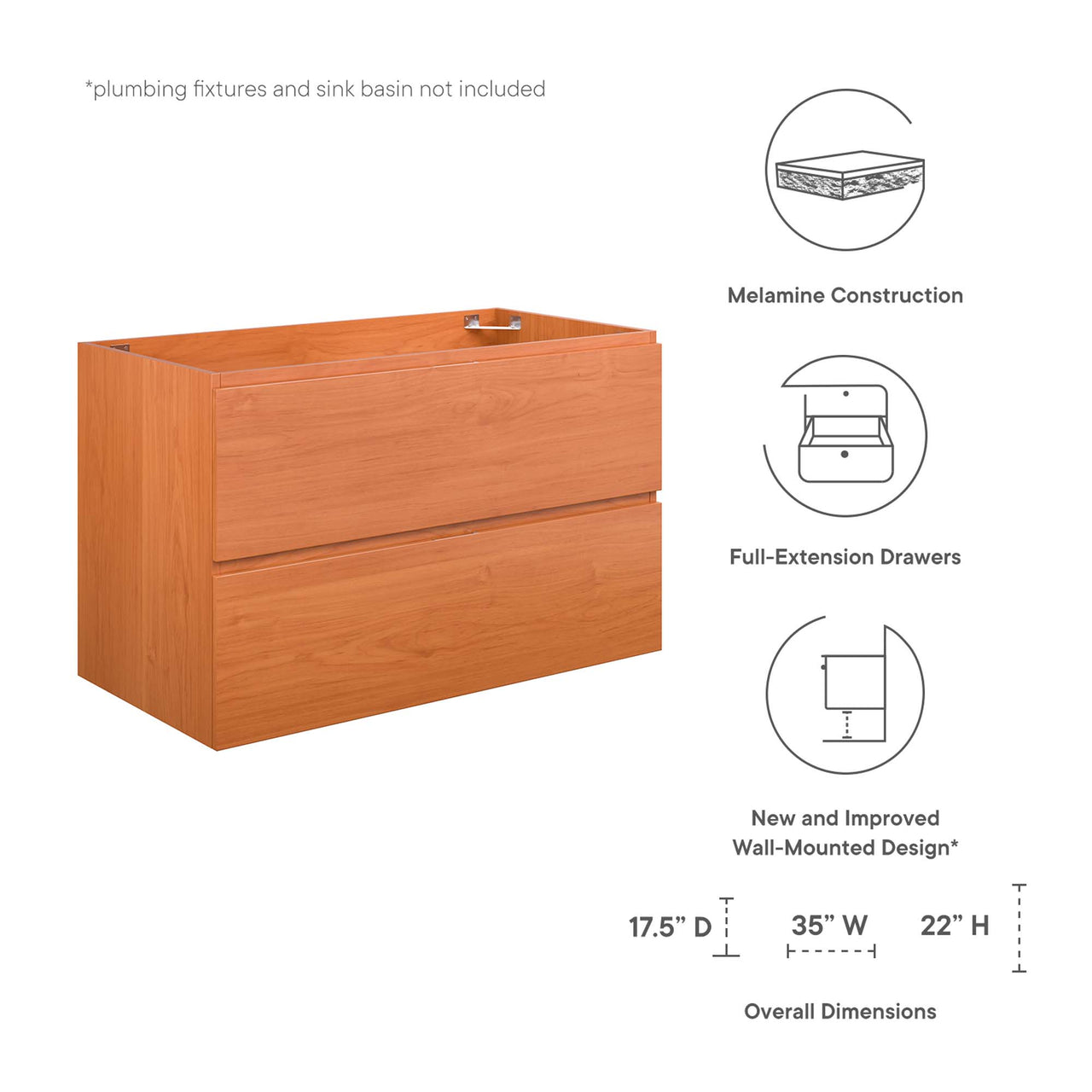 Cinnara Floating Vanity Base with Storage, Large, Coral & Walnut