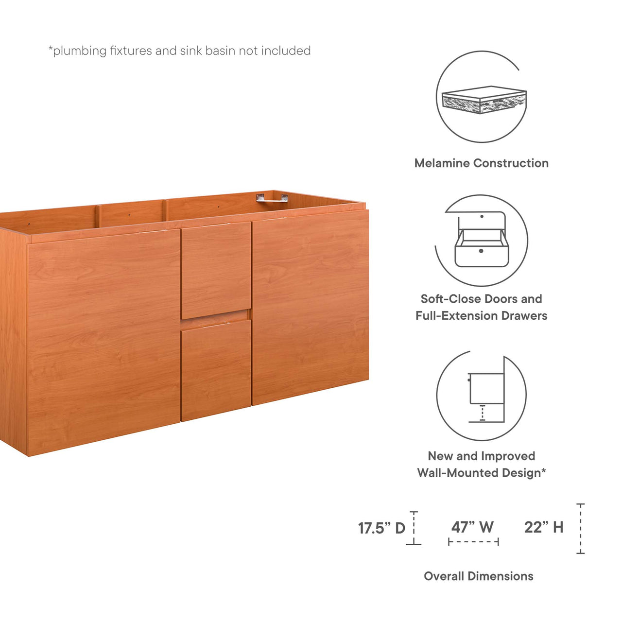 Cinnara Vanity Base with Storage (Double Sink Compatible), Extra Large, Coral & Walnut