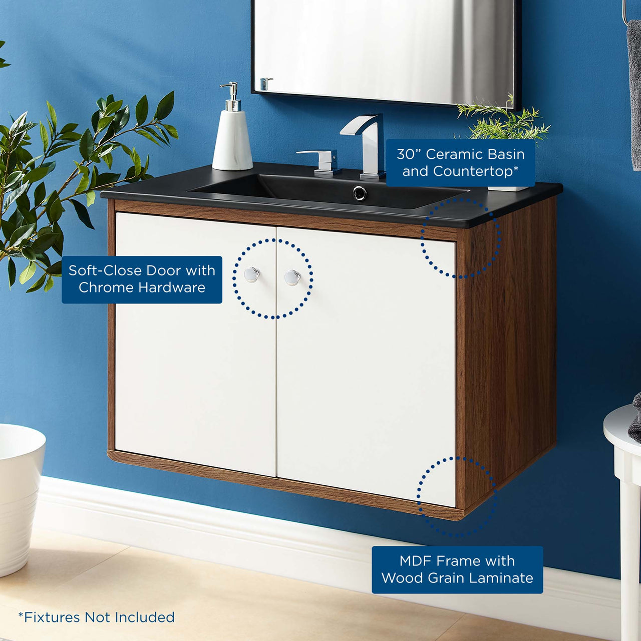 Erisen Floating Vanity Unit, Medium, Walnut & Black
