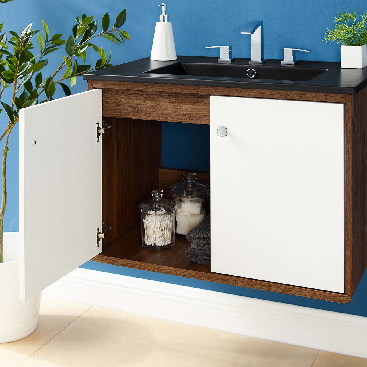 Erisen Floating Vanity Unit, Medium, Walnut & Black