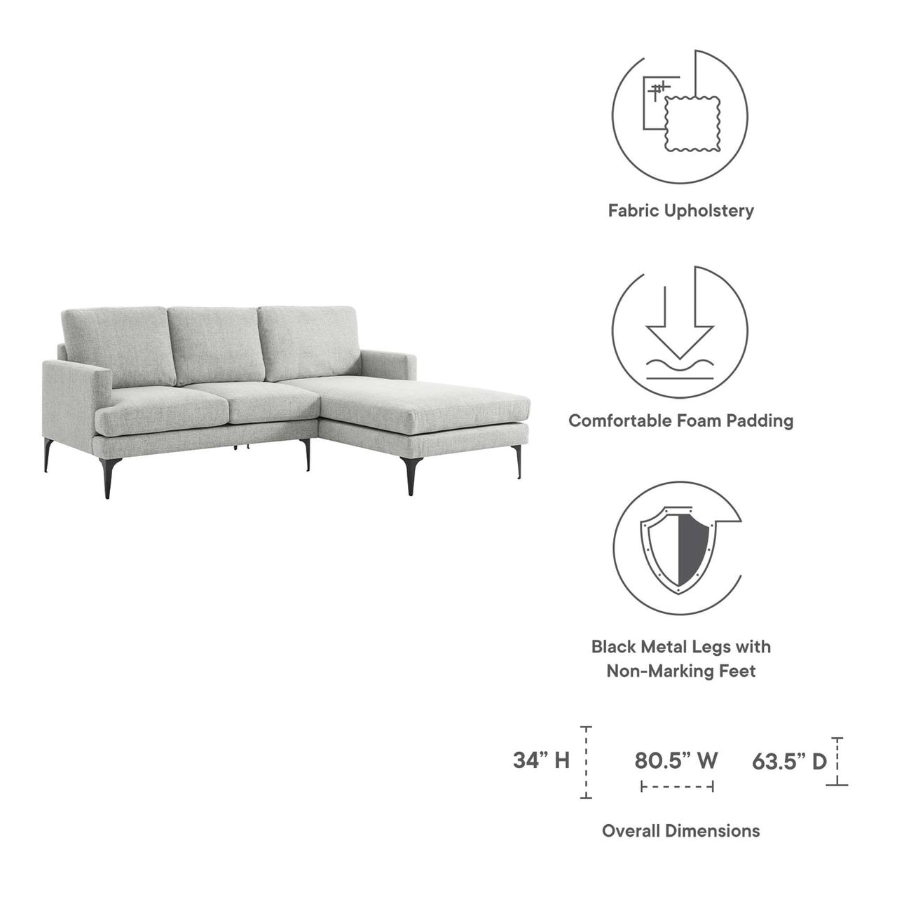Sonnet Right-Facing Fabric Sectional, Light Gray