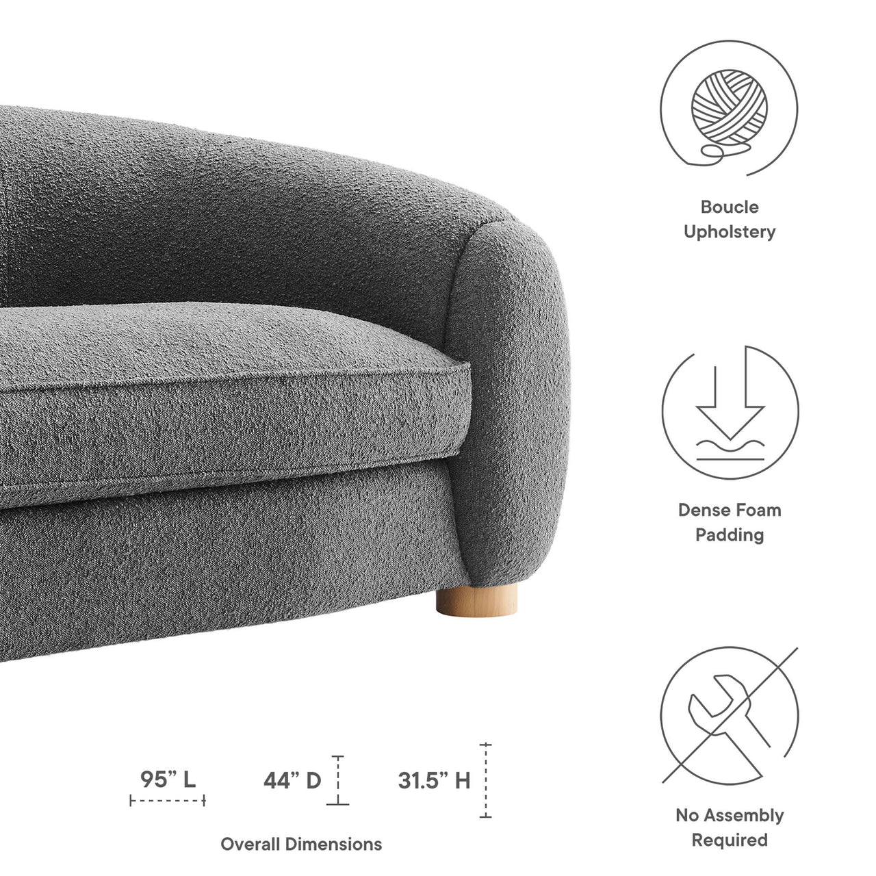 Zephyra Boucle Fabric Sofa, Charcoal