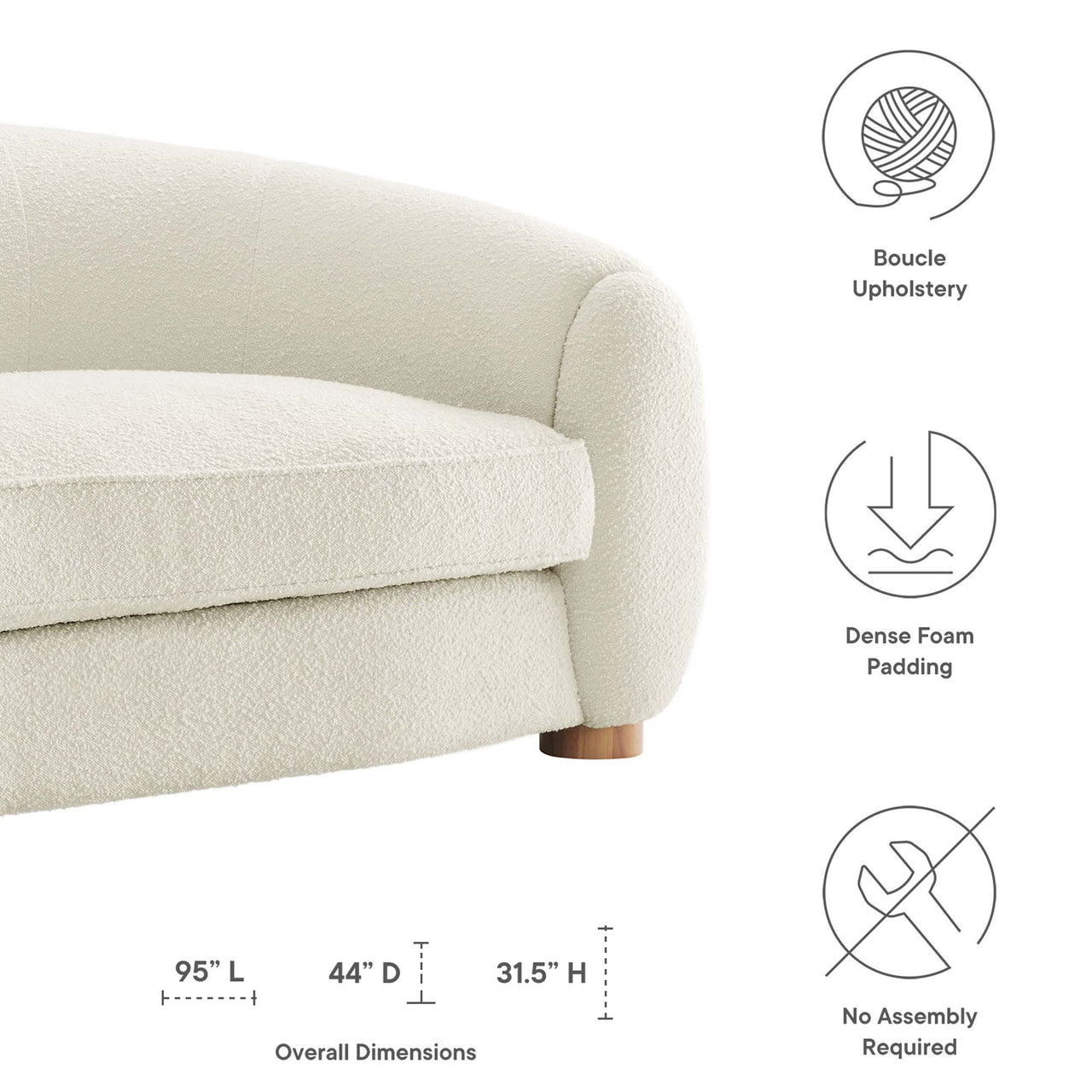 Zephyra Boucle Fabric Sofa, Ivory
