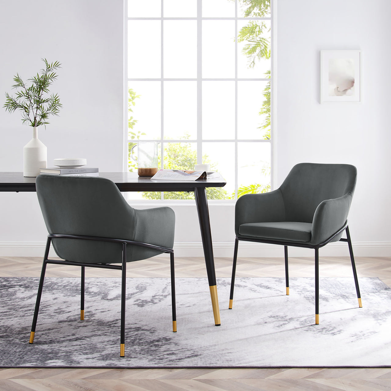 Rovelle Upholstered Velvet Dining Chair Set of 2, Black & Charcoal