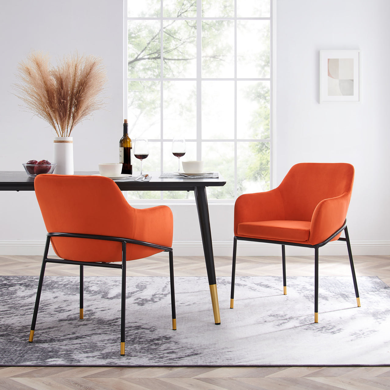 Rovelle Upholstered Velvet Dining Chair Set of 2, Black & Orange