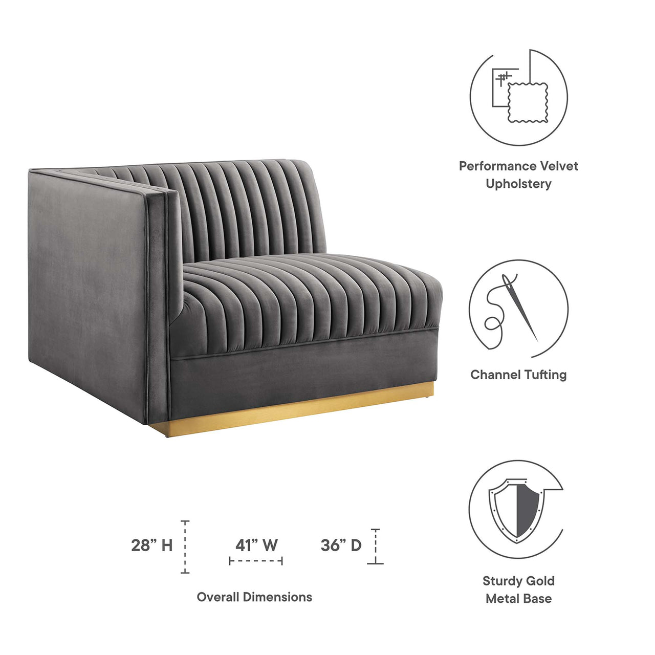 Vladimir Velvet Left-Arm Chair | Modular Sectional Component, Gray
