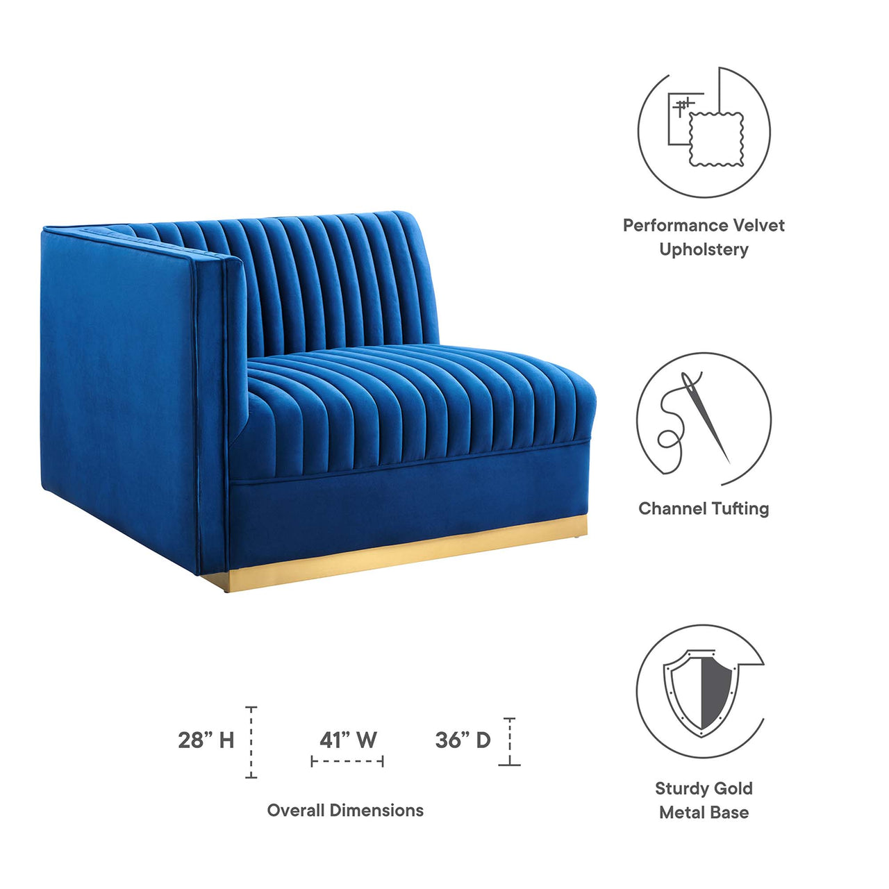 Vladimir Velvet Left-Arm Chair | Modular Sectional Component, Navy