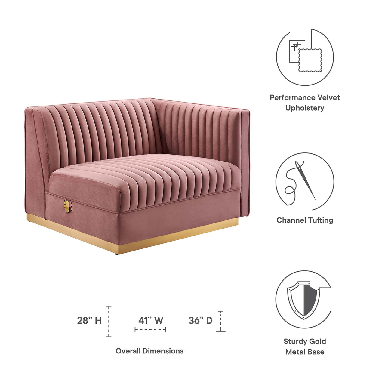 Vladimir Velvet Right-Arm Chair | Modular Sectional Component, Dusty Rose