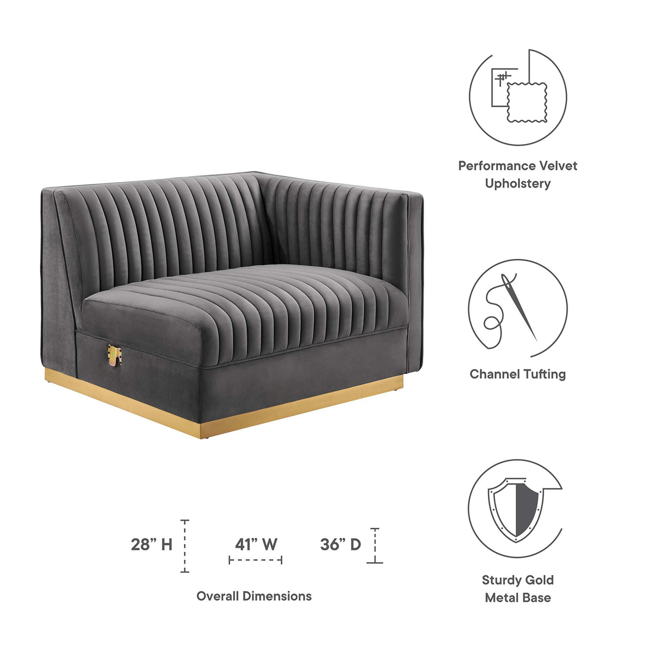 Vladimir Velvet Right-Arm Chair | Modular Sectional Component, Gray