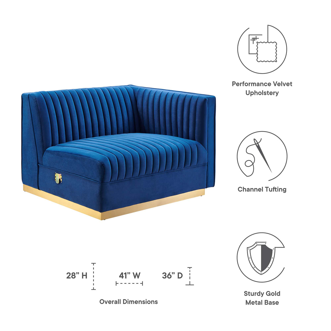 Vladimir Velvet Right-Arm Chair | Modular Sectional Component, Navy Blue