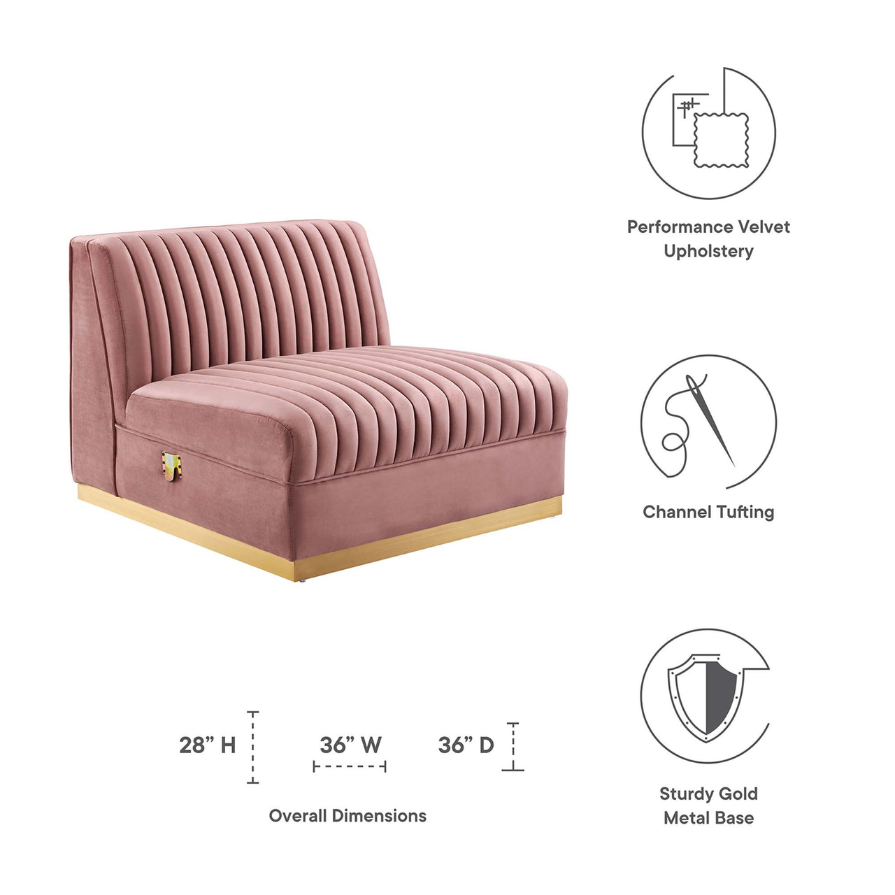 Vladimir Velvet Armless Chair | Modular Sectional Component, Dusty Rose