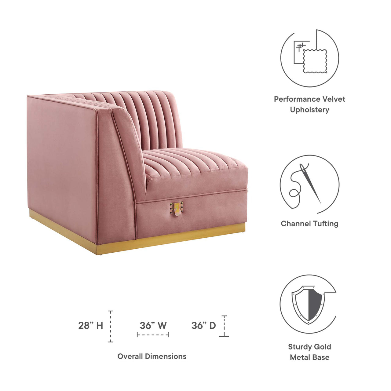 Vladimir Velvet Left Corner Chair | Modular Sectional Component, Dusty Rose