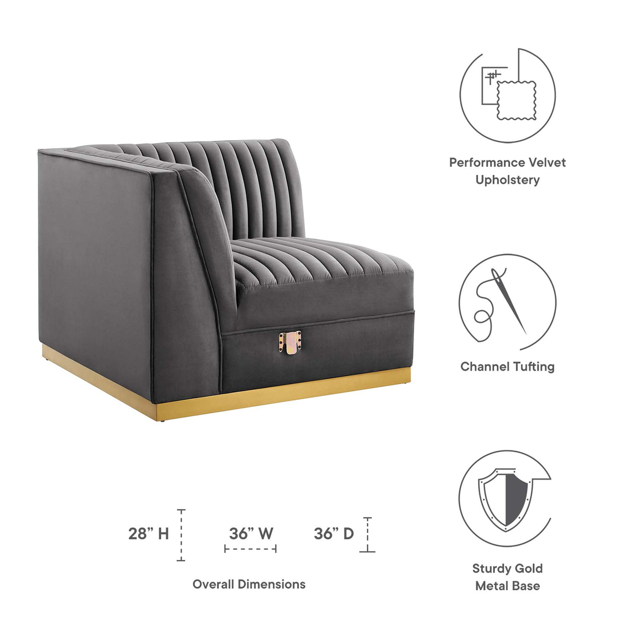 Vladimir Velvet Left Corner Chair | Modular Sectional Component, Gray