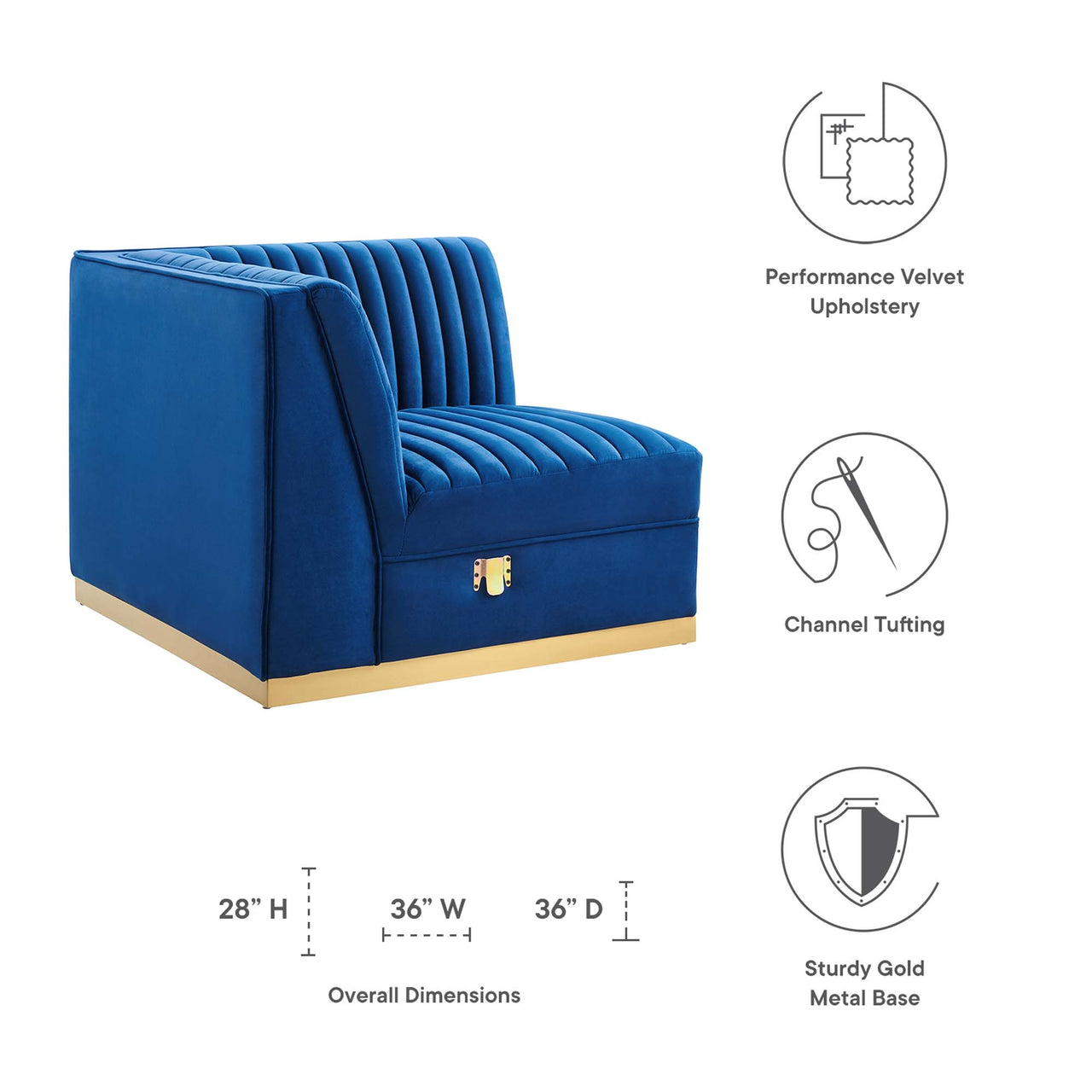 Vladimir Velvet Left Corner Chair | Modular Sectional Component, Navy Blue