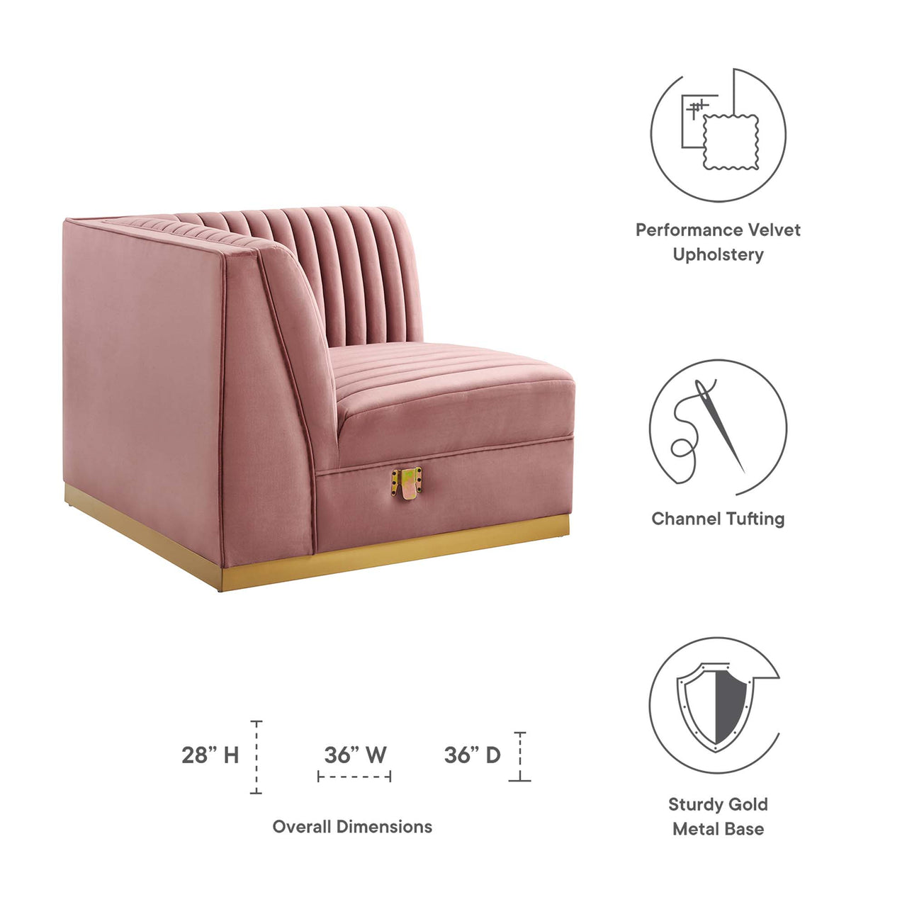 Vladimir Velvet Right Corner Chair | Modular Sectional Component, Dusty Rose