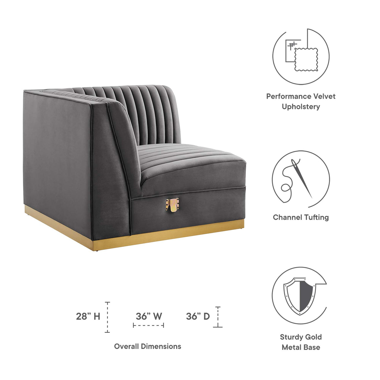 Vladimir Velvet Right Corner Chair | Modular Sectional Component, Gray