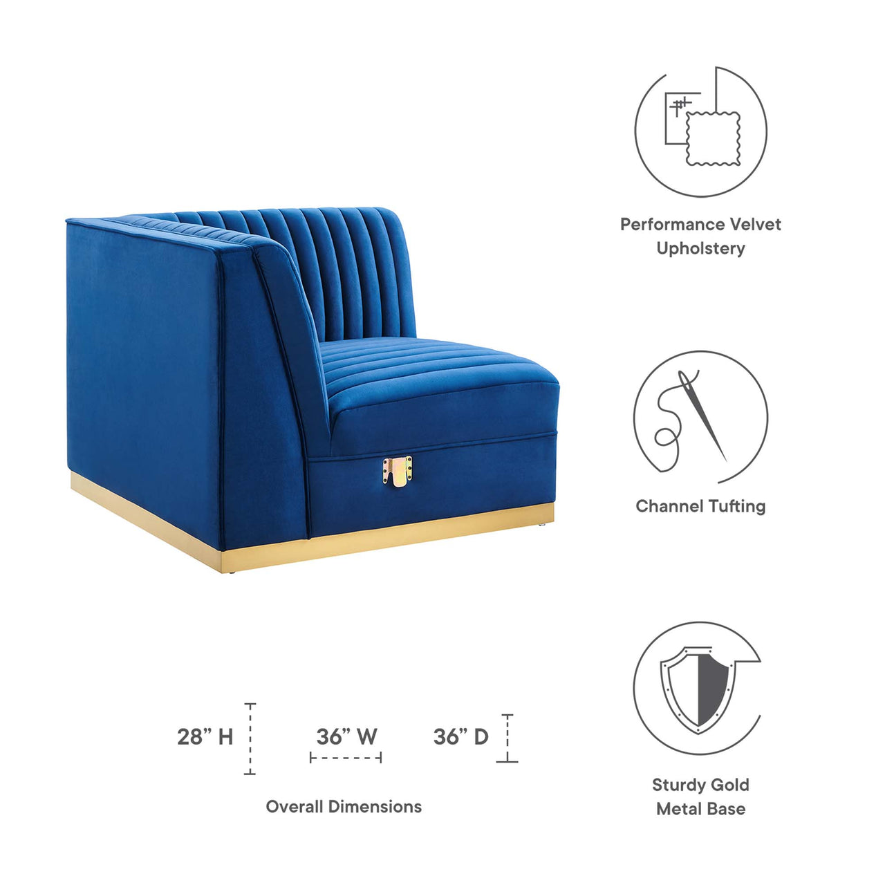 Vladimir Velvet Right Corner Chair | Modular Sectional Component, Navy Blue