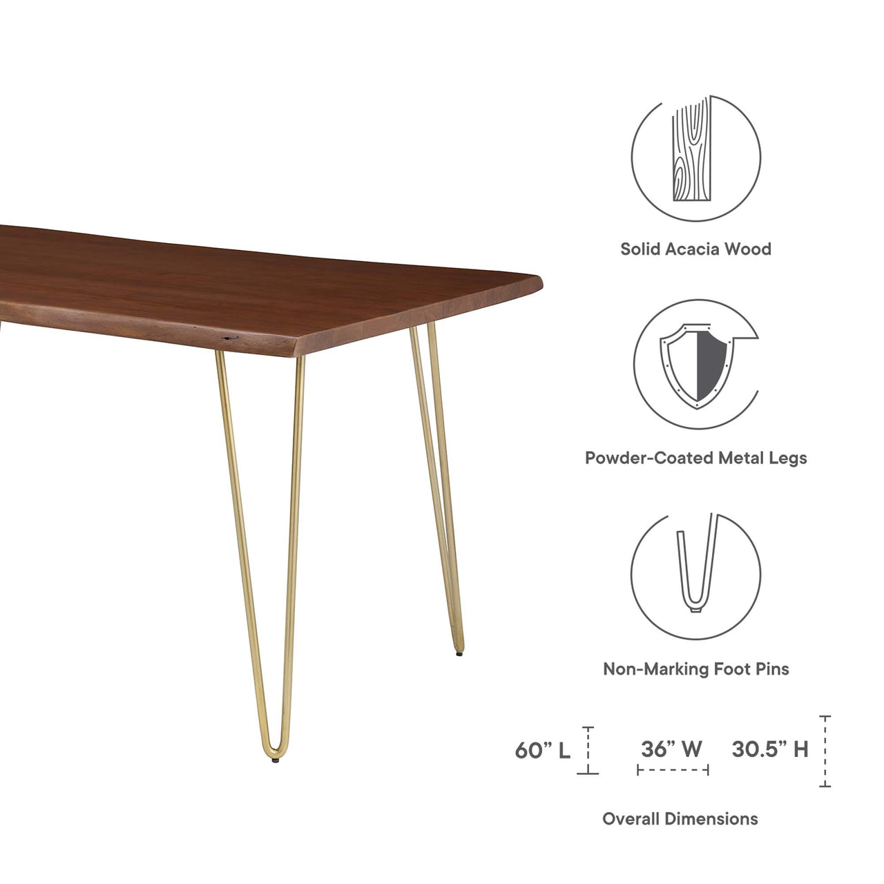 Havenwood Live Edge Acacia Dining Table, Small, Gold & Walnut
