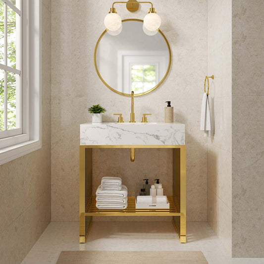 Gridiron 30" Bathroom Vanity, White & Gold