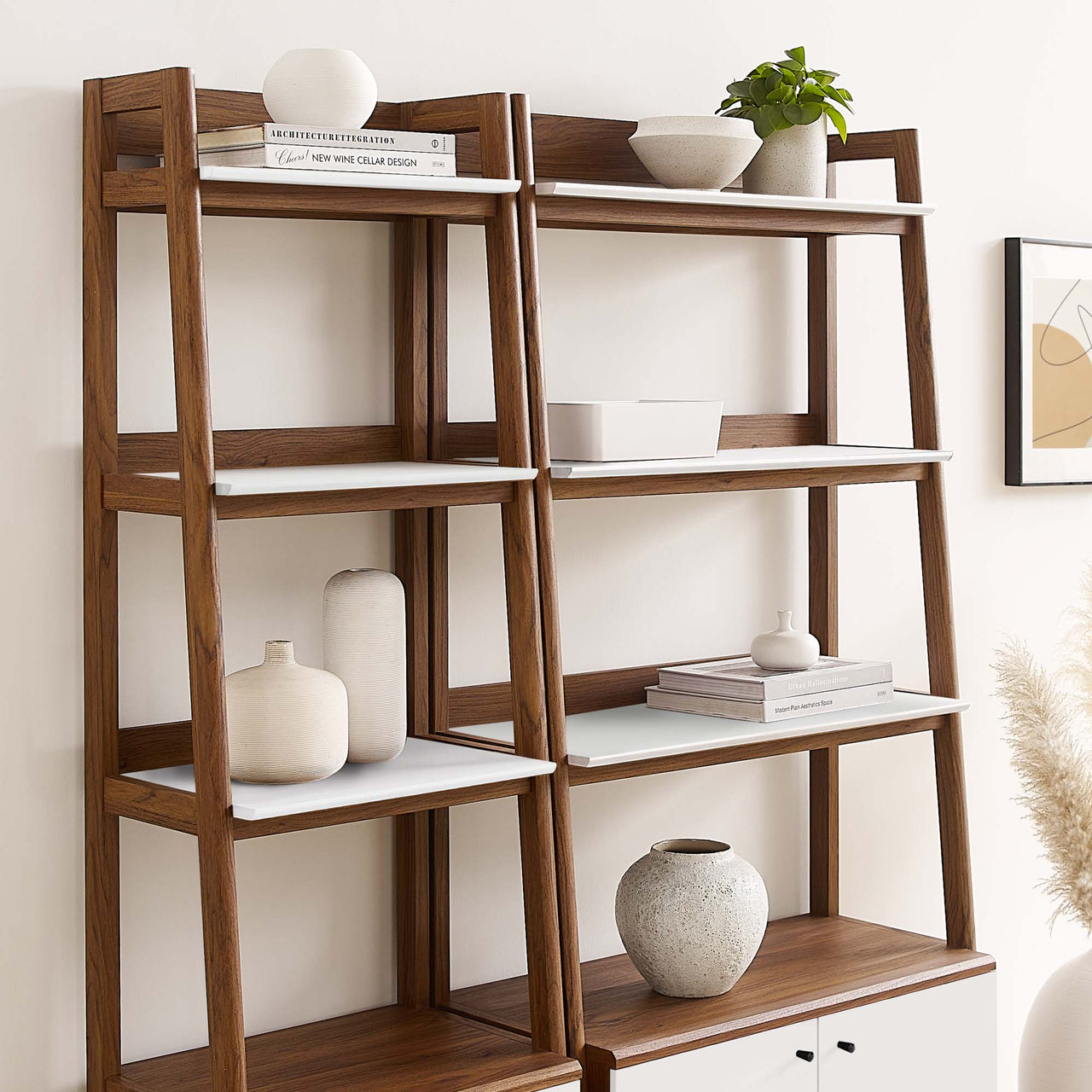 Scaffold Small and Large Tiered Shelf Duo, Walnut & White