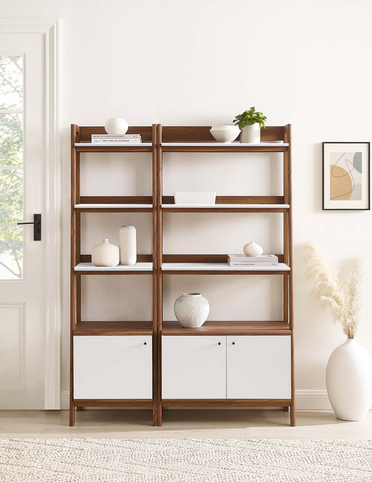 Scaffold Small and Large Tiered Shelf Duo, Walnut & White