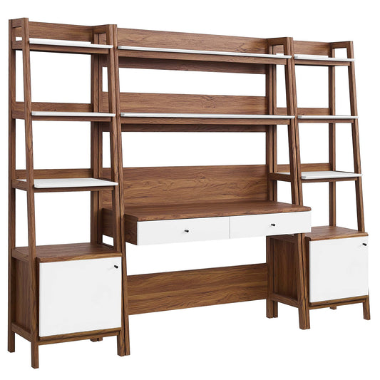 Bixby 3-Piece Wood Office Desk and Bookshelf, Walnut & White