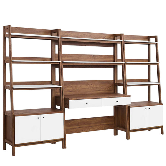 Bixby 3-Piece Wood Office Desk and Bookshelf, Walnut & White